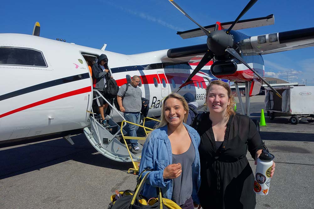 Liz and Corie arrive in Fairbanks on Ravn Alaska!