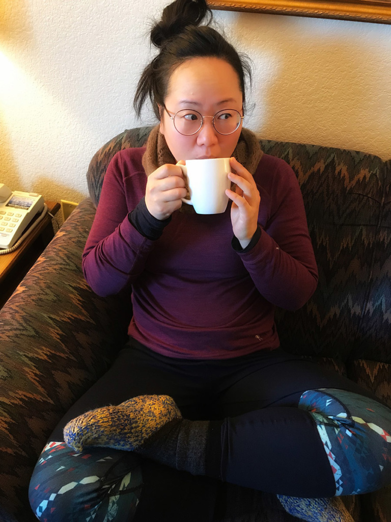 drinking tea at my hotel in fairbanks alaska